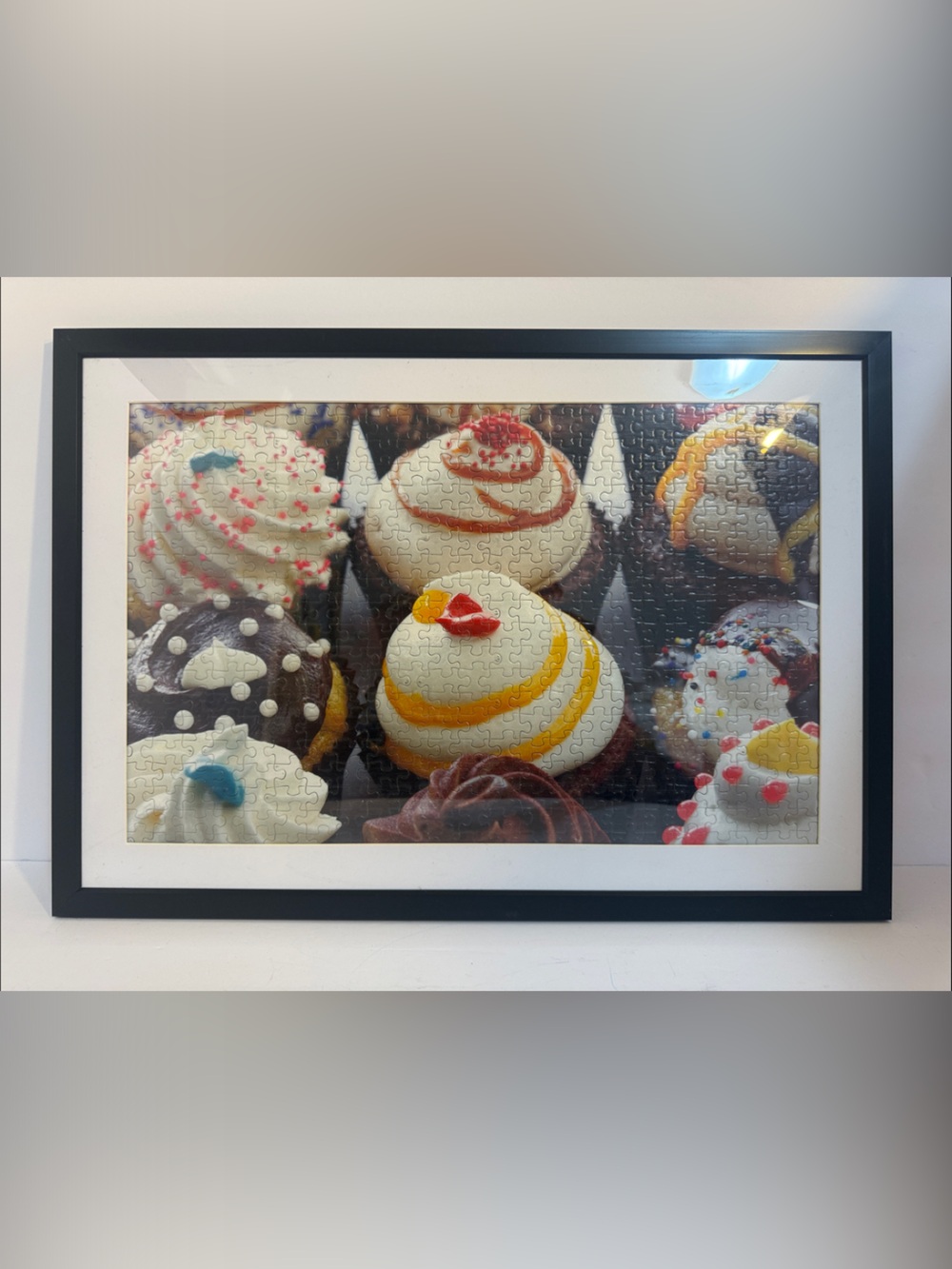 Framed Puzzle Cupcake Print Wall Art - White, Yellow & Pink